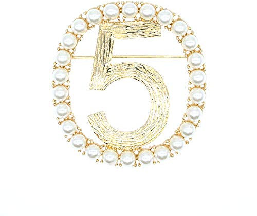 HSQYJ Mode Chanceux Chiffre Creux 5 Cristal Perle Broche Strass numéro Cinq Broches Broche Bijoux de fête de Mariage Accessoires de vêtement pour Femmes Hommes (Broche Or nacré 5)