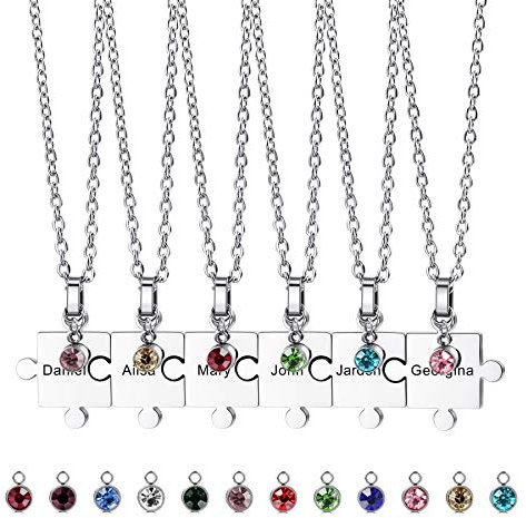 MeMeDIY Personalized Jigsaw Puzzle Pendant Necklace Engraving Name Date for Couples Women Men Customized Birthstone Stainless Steel Jewelry for Family Love Friendship (6 Pcs Silver Color+Birthstone)