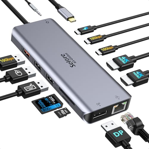 12 in 1 USB C Triple Display Docking Station Dual Monitor | 4K HDMI + DP Port + 2 USB 3.0 + 2 USB 2.0 + SD,TF + PD + Ethernet + 3.5 mm Audio kompatibel mit Dell/HP/Lenovo Laptop