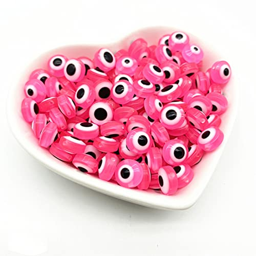 Flat Round Evil Eye Beads Handmade Resin Lampwork Beads 8mm Charms Spacer Beads with Elastic Rope for Bracelets Necklace Jewelry Craft Making (Dark Pink)