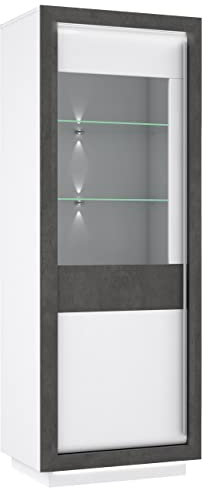 Newroom Vitrine Betonoptik und Weiß Hochglanz Vitrinenschrank Modern - 73,3x197x53 cm (BxHxT) - Glasvitrine Standvitrine Glasschrank - [Minou.Four] Wohnzimmer Wohnstube