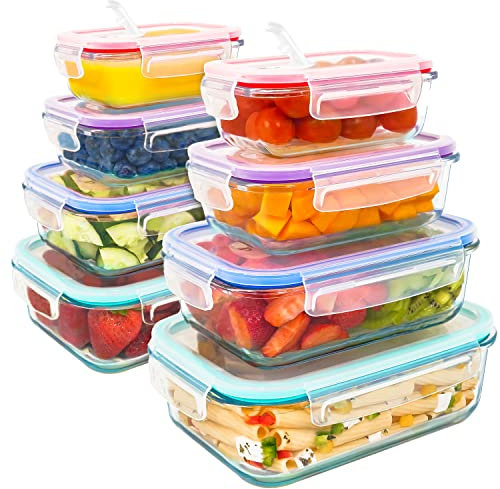 LG Luxury & Grace Set 8 Contenitori in Vetro Coperchio Ermetico, Porta Pranzo, Snack, Conservazione Alimenti, Adatti a Microonde, Forno, Lavastoviglie e Freezer - Senza BPA