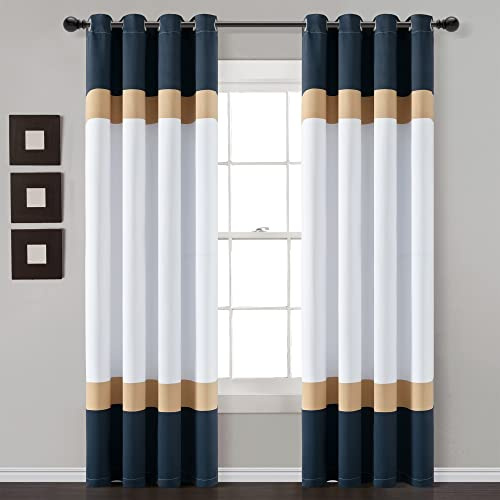 Lush Decor Alexander Color Block Light Filtering Window Curtain Panel Pair, 52W x 84L, Navy & Gold