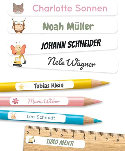 melu kids® Namensaufkleber Kinder für Schule & Kita (150 Stück) - Personalisierte Aufkleber mit Namen für Stifte und alle Schulsachen - Wasserfest in Spülmaschine (Weiß)
