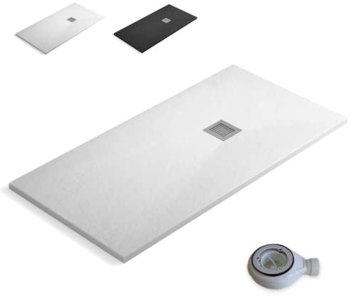 Plato de ducha Stone Coat - Carga Mineral con Resina recubierto de Gel Coat Válvula y Rejilla incluido. (90 x 140 cm, Blanco)