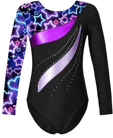 Hedmy Kinder Mädchen Glänzende Gymnastikanzug mit Strass Langarm Turnanzug Trikots Rundhals Balletttanz Trikot Tanzkleidung Sternhimmel Schwarz 98-104