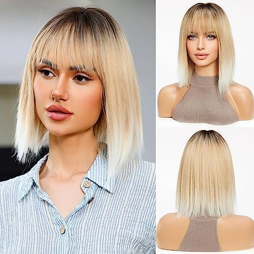 HAIRCUBE Ombre Blond bis Weiße Bob Perücken für Frauen, Schulterlänge Synthetisches Haar Perücke mit Pony