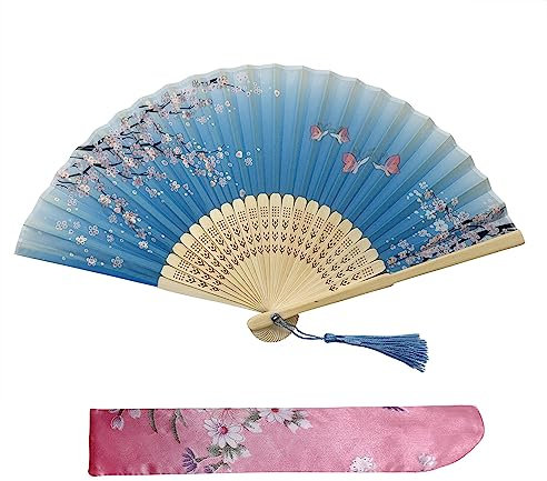 Kibon Folding Fans, Handheld Fans, Hand Fans, Bamboo Fans with Tassel for Birthday Gifts Dancing Cosplay Wedding Party Props Decoration (Blue)