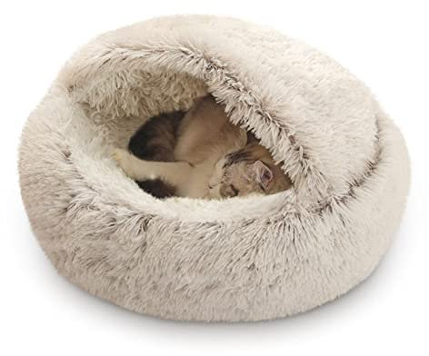 Haustierhöhlenbett, Katzennest, Zwinger, Weichem Plüsch-Donut-Bett-Kuscheltier, Weiches Flauschiges Waschbares Kätzchenbett, Mittelgroße Hunde zum Schlummern, Winterwarmes Nest für Haustiere (Braun)