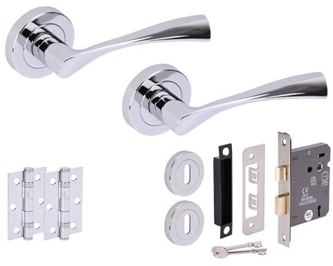 HANDLEZONE® Zena Door Handles on Rose 3 Lever Lock Pack with Ball Bearing Hinges - Polished Chrome