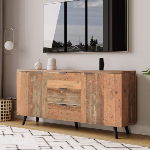 SogesHome TV Bank Lowboard Sideboard TV-Schrank mit verstellbaren Regalen Kommode vertikaler Schrank Aufbewahrungsschrank mit DREI Schubladen, für Wohnzimmer, Esszimmer, Schlafzimmer, Vintage,140 cm