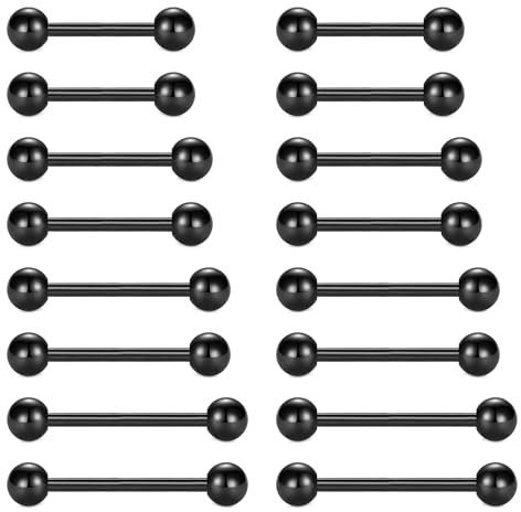 FECTAS 16stk Zungenpiercing Set 14G Chirurgenstahl Piercing Zunge Tongue 12/14/16/18mm Schwarz