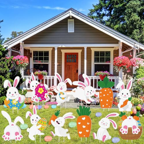 Menkxi Lot de 12 panneaux de cour de Pâques - Décoration d'extérieur - Œufs de Pâques - Lapin - Carotte - En plastique - Décorations de fête de Pâques pour cour, patio, pelouse