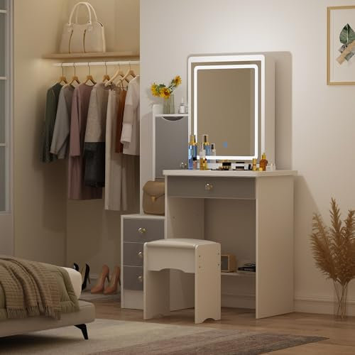 Caldion Tocador con Luz Led de 3 Colores,Mesa de Maquillaje con Taburete y Espejos,con 5 Cajones,Compartimento Abierto,Moderno,Blanco y Gris