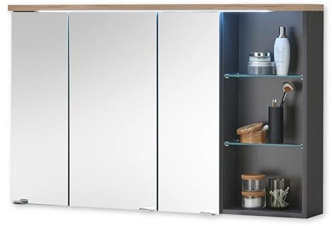 MEMPHIS Spiegelschrank Bad mit LED-Beleuchtung in Artisan Eiche Optik, Grau - Badezimmerspiegel Schrank mit viel Stauraum - 110 x 70 x 22 cm (B/H/T)