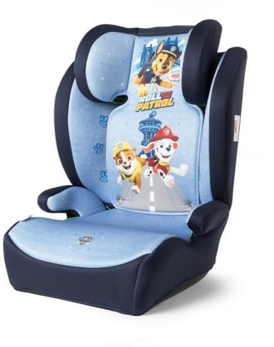 Paw Patrol Seggiolino auto per la sicurezza dei bambini con altezza da 100 a 150 cm con grafiche dei simpatici cagnolini Chase, Rubble e Marshall su fondo azzurro e blu