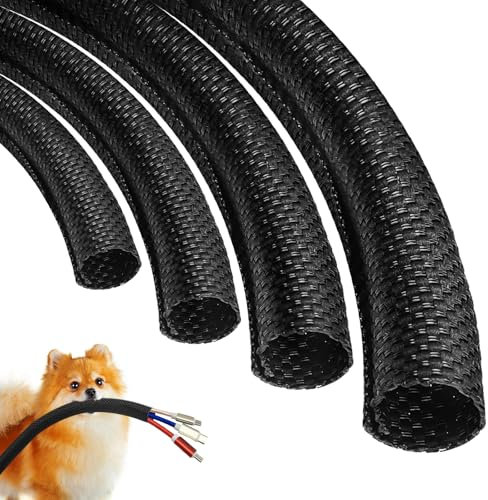 Cable Sleeves Cord Management Automotive-Wire-Loom - Dog Cat Cord Protectors from Pets No Chew Split Braided Heat Resistant Cord Covers, 12ft - 3/8 inch Easily Hide Cords Around TVs - Black