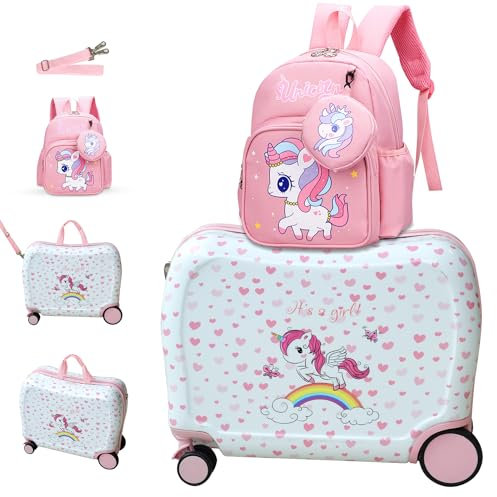 R.Leone Valigia Cavalcabile per Bambina EasyJet 45x36x20 cm + 30x23x14 cm Set 2 Pezzi Trolley Bagaglio a mano 4 Ruote e Zaino 325 (Unicorno, Set 2 Pezzi S+XS)