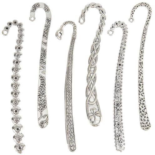 SUNNYCLUE 12 Stück 6 Stile Haken Lesezeichen Silbernes Haarnadel Lesezeichen Großpackung Legierung Retro Tibetisch Chinesischer Stil Blumenzweig Lesezeichen Beschläge Mit Loch Lesezeichen Rohling Zum