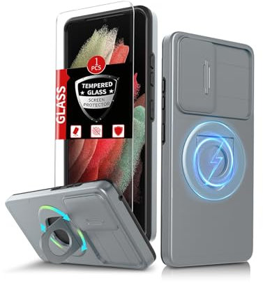 FRLMOOES pour Samsung Galaxy S21 Ultra Coque Magnétique Compatible avec MagSafe Chargement sans Fil,avec 1 Trempé Protection,Cache Caméra intégré,Béquille Support,Étui Antichoc Absorbant de Choc Gris