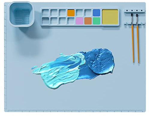 Silicone Craft Mats, 21×18 inches Silicone Painting Mat Collapsible Non-Stick Sheet Painting Station Art Mats with Water Cup and Palette Cup Sheets Creater Mat for Paint (Blue)