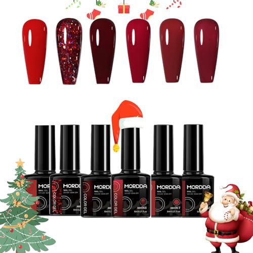 Red Gel Nail Polish Set, 6 Pcs Glitter Dark Burgundy Cherry Red Gel Polish Sets, Soak Off LED/UV Lamp Nail Varnish Kit for Christmas Women Nail Art Salon DIY Home