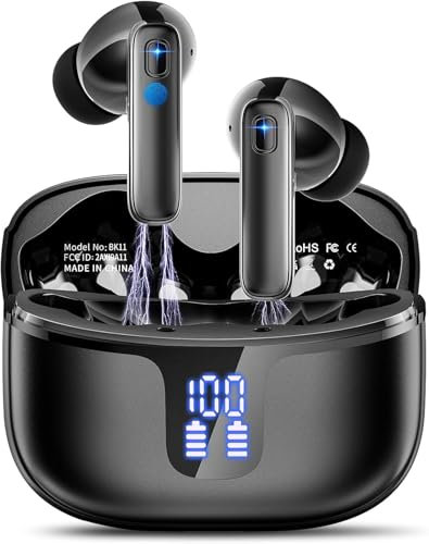 Auriculares Inalámbricos Bluetooth, Auriculares Bluetooth 5.3 con 4 HD Reducción de Ruido ENC Mics, 40 Horas Cascos Inalambricos HiFi Estéreo, IP7 Impermeable con LED Pantalla, USB-C, Negro