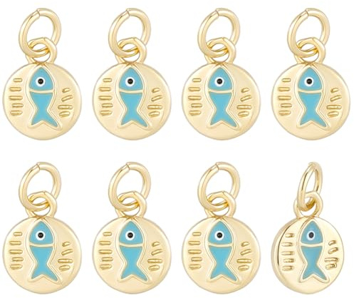 Beebeecraft 1 Schachtel Mit 8 Fisch Emaille Anhängern 18K Vergoldetes Messing Flach Rund Mit Blauen Fischanhängern Für Die Schmuckherstellung Am Strand Sommer Meer DIY Bastelarbeiten