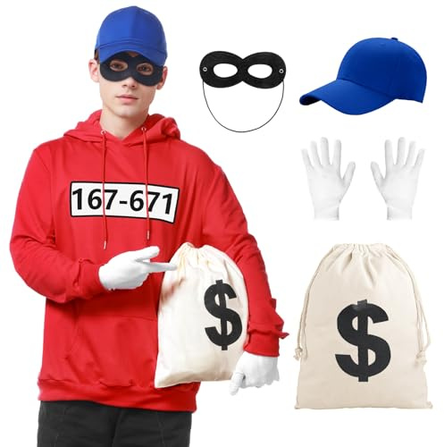 Alaiyaky Panzerknacker Kostüm Herren, Bankräuber Kostüm Einbrecher Outfit Lustige Männer Rot Hoodie mit Mütze Augenmaske Handschuhe Tasche, Faschings Herren Karneval Outfit