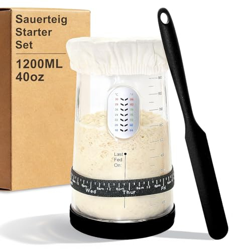 Sauerteig Starter Set - 1,2L Großes Sauerteig Glas mit Silikonspachtel, Reinigungsbürste - brot backen zubehör, Fermentierglas für Anfänger &Zuhause Backen (Schwarz, 1200ML-Aufgerüstet)