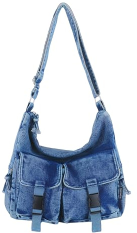 Ausing Damen Jeans Tasche Große Denim Tragetasche Jeans Umhängetasche | Denim-Stoff, Großes Fassungsvermögen, mit Innentaschen, Vintage-Stil, Shopper für Reise Alltag