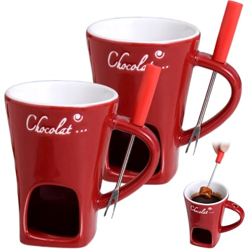 Schokoladen-Fondue-Becher mit Gabel, 2 Stück, Keramik-Schokoladen-Fondue-Becher mit Griff, Teelichthöhle und Loch zum Halten der Gabel, Teelicht nicht im Lieferumfang enthalten, rot, Jour de Pâques