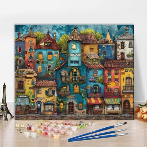 Malen nach Zahlen Erwachsene Buntes Haus Bauen 40 x 50 cm Rahmenlos | Fantasie Stadtlandschaft Thema, Leinwand Set mit Acrylfarben, ölmalerei Malerei mit Pinseln, Einzigartiges Geschenk