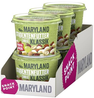 Maryland Studentenfutter Klassik 300g Becher Vorratspack Rosinen, Erdnusskerne, Cashewkerne und Mandeln in Nuss Frucht Mischung Wiederverschließbarer Becher (6 x 300g)