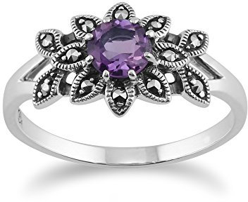 Gemondo 925 Sterlingsilber Blumen Jugendstil Amethyst & Markasit Ring