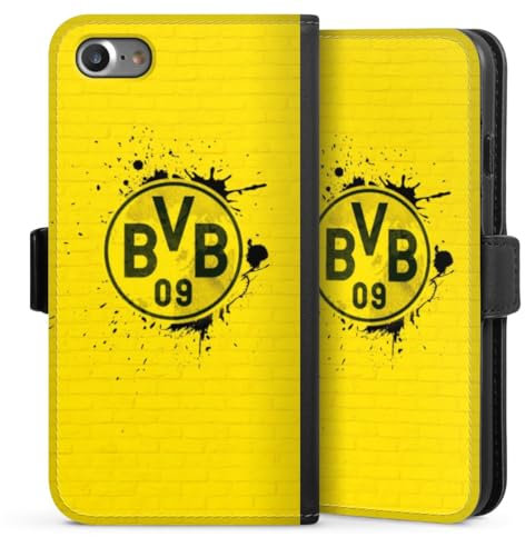Klapphülle kompatibel mit Apple iPhone 7 Handyhülle aus Kunst Leder schwarz Flip Case BVB Borussia Dortmund Offizielles Lizenzprodukt