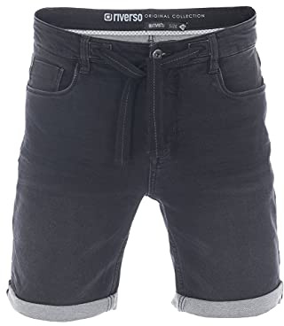 riverso Jeans Shorts Herren Stretch Kurz Kordelzug Regular Fit RIVPaul Kurze Hosen Bermuda Shorts Sommer Denim Einfarbig, Größe:W 38, Farbe:Black Denim (B22)