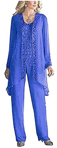 Women's 3 Pieces Chiffon Dress Mother of The Bride Pants Suits with Beaded Jacket Wedding Outfit Evening Gown Blue UK16