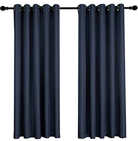 Coastline Ultra Soft Satin Navy Blue 100% Blackout Eyelet Curtain Floor Window Treatment Drapes 2 panels for Bedroom, Livingroom, Kids Nursery Room W90 x L90 inch