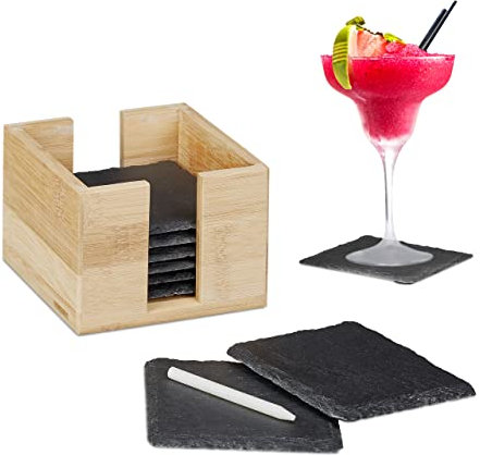 Relaxdays Schiefer Untersetzer im 8er Set, Glasuntersetzer mit Bambusbox, Kreide zum Beschriften, eckig, 10x10 cm, natur, Anthrazit, Hellbraun