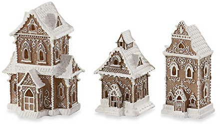 Loberon Dekohaus 3er Set Anyama, aufwendige Handarbeit, mit LED Beleuchtung, festliches Wohnaccessoire, Weihnachtsdekoration, Weihnachten, Polyresin, braun/weiß