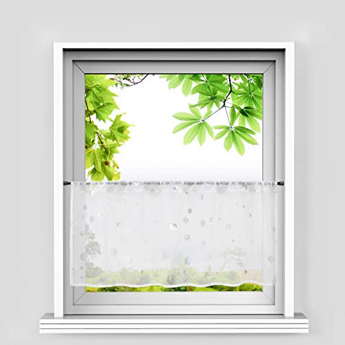 HeichkelL Glänzende Scheibengardine Silber Voile Moderne Kurzstores mit Tunnelzug Kleinfenster gardine Küche Kreise-Dekomuster Weiß HxB 60x120 cm