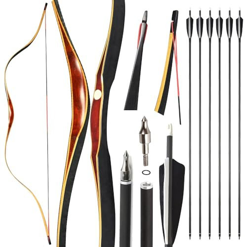 SHARROW Traditioneller Bogen Set 20-50lbs Recurve Bogen Set Reiterbogen Langbogen Bogenschießen Set Handgemacht Holzbogen Sportbogen Jagdbogen für Erwachsene und Anfänger (Typ 1, 45Lbs)