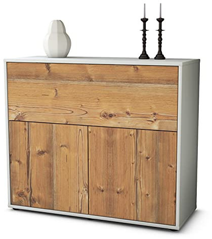 Stil.Zeit Kommode Sideboard, Alarich, Korpus Weiss matt, Front Holz-Design Pinie, (92x79x35cm), Push to Open Technik & Leichtlaufschienen