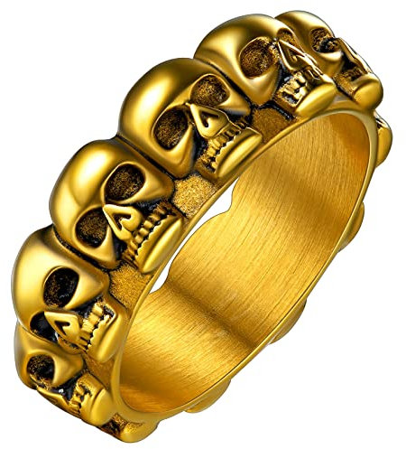 FaithHeart 7mm breit Herren Männer Fingerring Punk Gotik Totenkopf Ring goldener Schädel Fingerring für Freunden Ehemann