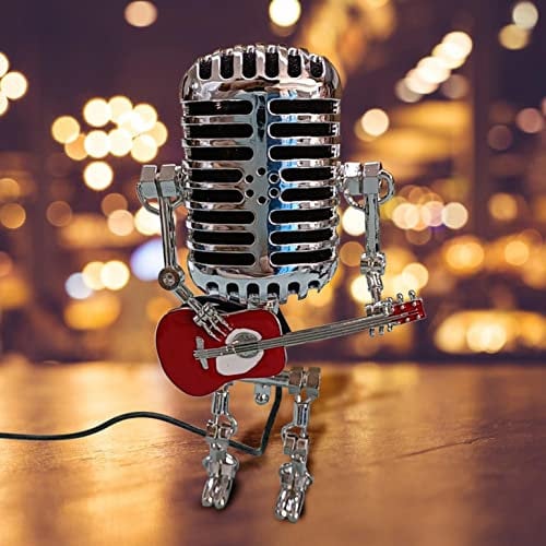 Vintage Metal Microphone Robot Desk Lamp - Great Christmas Stocking Stuffers Gift, Cool Microphone Guitar Robot Lamp, Mini Night Light Table Lamp for Bedroom Desk Home Decor (Red)