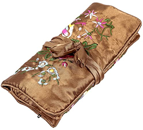 KYEYGWO Schmuckrolle mit Blumen-Vogel-Stickerei, Reise Schmuck Organizer | Chinesischer Stil Faltbare Tragbare Rollenbeutel, zum aufrollen weich, für Halsketten Ring Armband Aufbewahrung Tasche