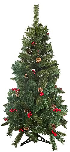 TIENDA EURASIA - Arbol de Navidad Verde con Adornos de Muerdago y Piñas, Decoracion Navideña Original con Arbol de Navidad Decorado con Muerdago y Piñas, Arbol de Plastico (120 cm)
