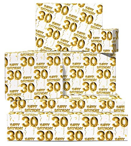 Geschenkpapier zum 30. Geburtstag – 6 Bögen Geschenkpapier und Anhänger – Alter 30 dreißig – Gold weiß – Geschenkpapier für Männer – Geburtstagsgeschenk für Frauen – von Central 23