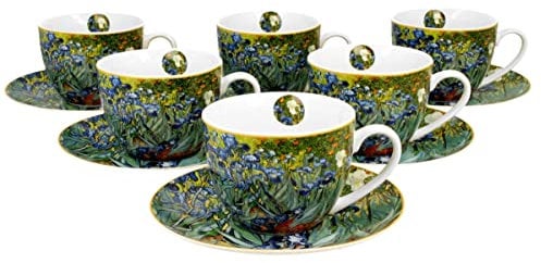 DUO ART GALLERY 6er-Set Tassen 220 ml IRISES mit Untertassen, New Bone China Porzellan